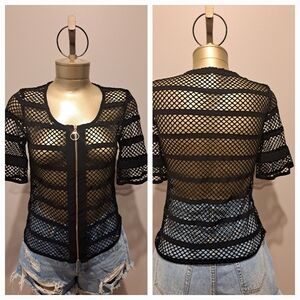 Bali Black Open Fishnet Top With Gold Front Zipper